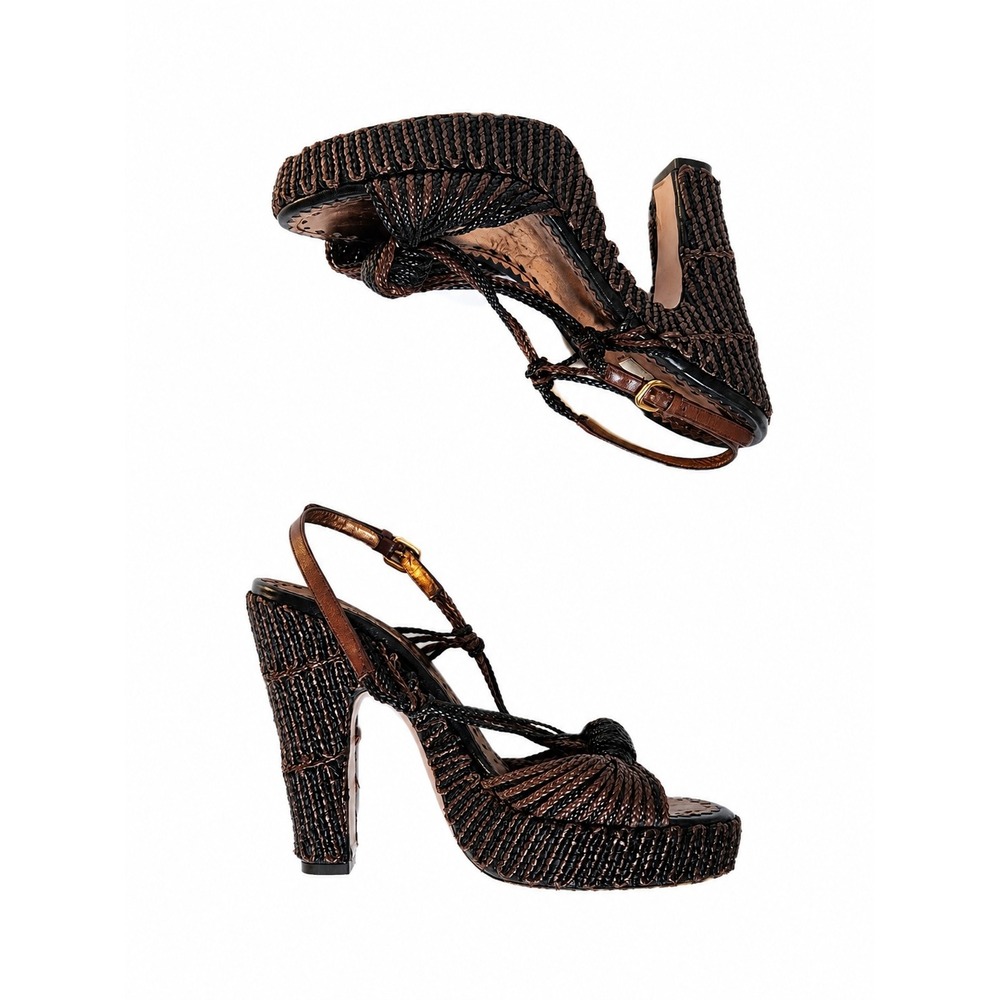 Prada Woven Bronze Metallic Platform Sandals Block Heel Knotted Raffia 40.5 IT